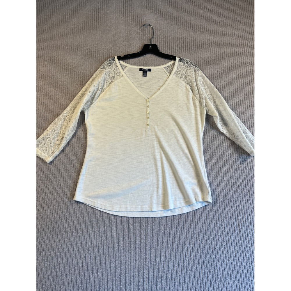 Chaps Denim Top Womens XL Cream Ivory Henley Lace 3/4 Sleeve V-Neck Boho